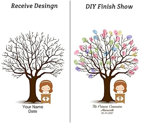 Fingerprint Tree Guest Book Baby Shower Girls Communion Gift DIY Thumbprint Sign-in Book for Guests Creative Canvas Painting with Wooden Hanger Party Decorations-80x120cm - Image 3
