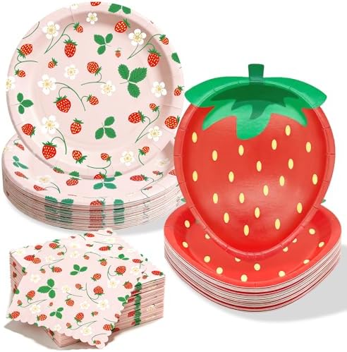 Strawberry Paper Plates Set, Strawberry Birthday Party Decorations, 50Set by OuMuaMua