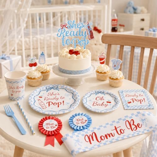 Shes Ready to Pop Baby Shower Decorations Boy All-in-1 Soda Pop Baby Shower Decorations with Balloon Arch Baby Boxes Plates Napkins Cake Toppers Tablecloth Backdrop Banner for Gender Reveal Party - Image 3