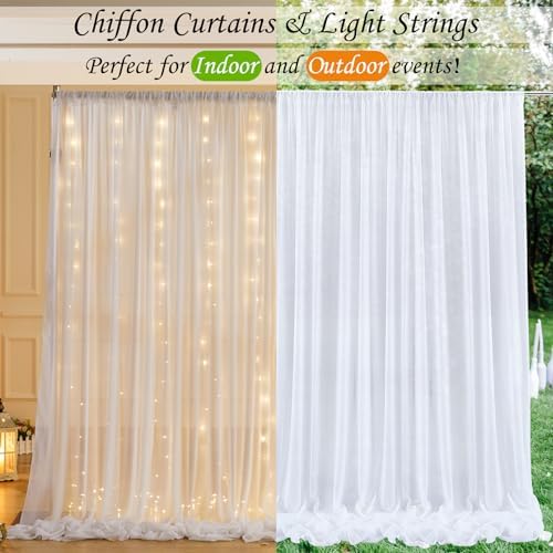 10ft x 10ft White Chiffon Backdrop Curtain with Lights String for Parites Wedding Wrinkle Free Curtain Photo Backdrops Drapes for Baby Shower Birthday Party Home Decorations - Image 4