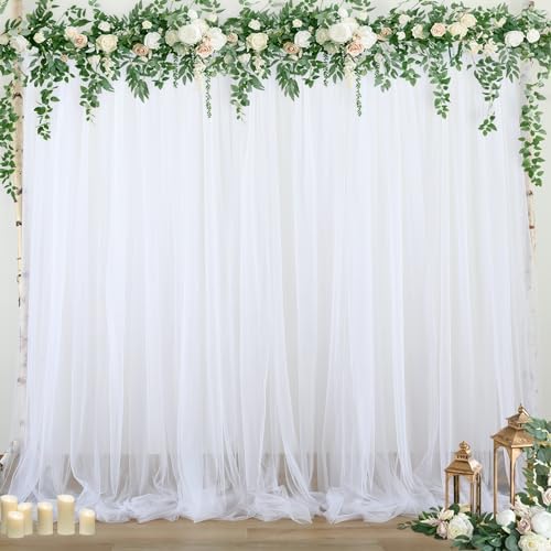 10ft x 15ft White Tulle Backdrop Curtain for Parties Sheer Fabric Backdrop Curtains for Wedding Baby Shower Bridal Shower Birthday Photo Backdrop Drapes Background Wall Decorations 2 Panels 5ft x 15ft by Suppromo