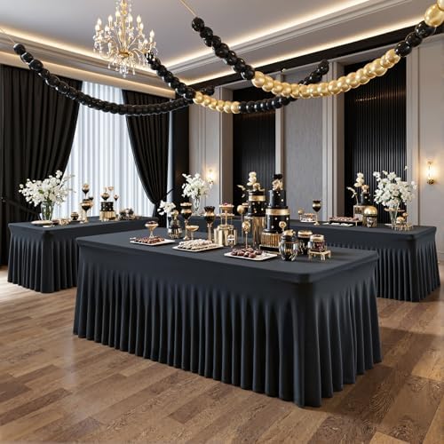 Suppromo 8ft Black Spandex Tablecloths for Rectangle Tables Wrinkle Free Black Table Cloth Rectangle Stretch Fitted Table Cover with Skirt for Wedding Birthday Party Banquet Baby Shower Buffet Event - Image 3