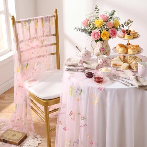 Pink Floral Gauze Table Runner 3pcs 10ft Embroidery Tulle Spring Decor - Image 3