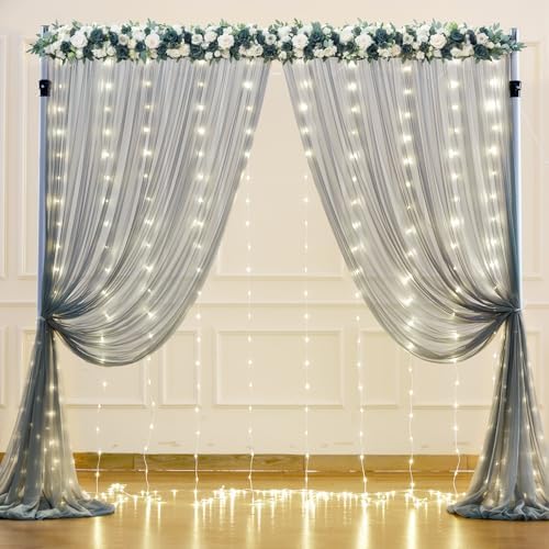 Silver Grey Tulle Backdrop Curtain with Lights String for Parites 10x10ft Sheer Backdrop Curtains for Birthday Party Bridal Shower Baby Shower Wedding Ceremony Prom Photo Booth Background Decorations - Image 2