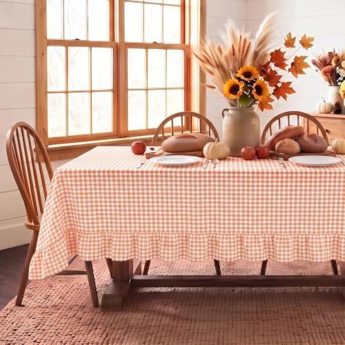 Eternal Beauty Gingham Ruffled Tablecloth Orange White 52x70 Thanksgiving by EternalBeauty