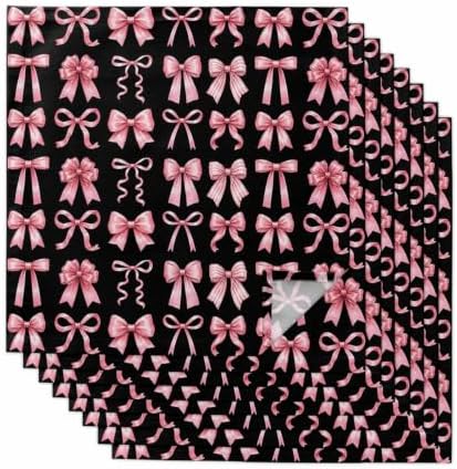Pink Bows Cloth Napkins Set of 8, Modern Abstract Sweet Ribbon Bowknot on Black Washable Reusable Dinner Cocktail Napkin for Kitchen Party Wedding Banquet Holiday Baby Shower Table Decor by PIEPLE