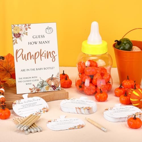 Seenelling 152 Pcs Fall Baby Shower Games Guess How Many Pumpkins Game Stand Sign 100 Pumpkins Guessing Cards 20 Pencils 1 Large Baby Bottle 30 Pumpkins for Guests Gender Reveal Party Game Decorations - Image 4