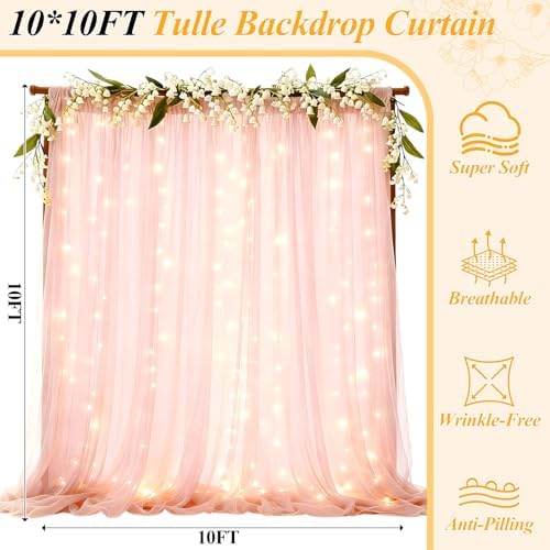 Ledido 10×10ft Pink Tulle Backdrop Curtain with Light(2 Panels 5×10ft) - Image 4