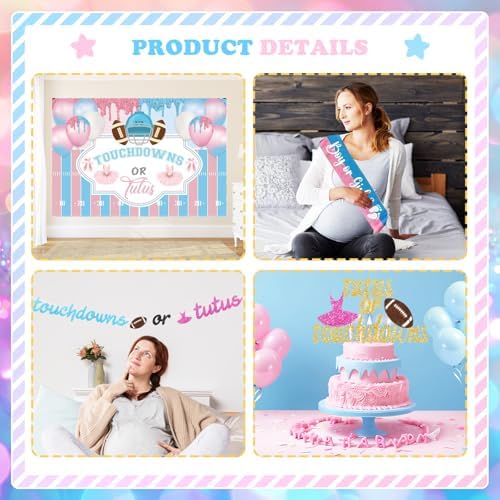 172 PCs Touchdowns or Tutus Gender Reveal Decorations, Hombae Boy or Girl Gender Reveal Decorations Backdrop Balloon Garland Banner Tablecloth Cake Cupcake Topper Boxes Cutout Poster Sash Pink Blue - Image 4