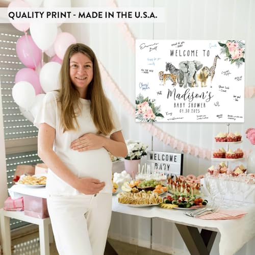 Andaz Press Custom Large Baby Shower Canvas Welcome Sign, 16 x 20 Inches, Pink Hibiscus Tropical Jungle, Guestbook Alternative, Personalized Sign Our Canvas, For Jungle Safari Baby Shower Theme - Image 5