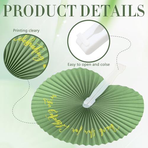 Suzile 50 Pcs Wedding Paper Fans Round Handheld Folding Fans Foldable Fans for Wedding with Plastic Handle and Yarn Bag Thank You for Celebrating with Us for Anniversary Guests Party (Sage Green) - Image 3