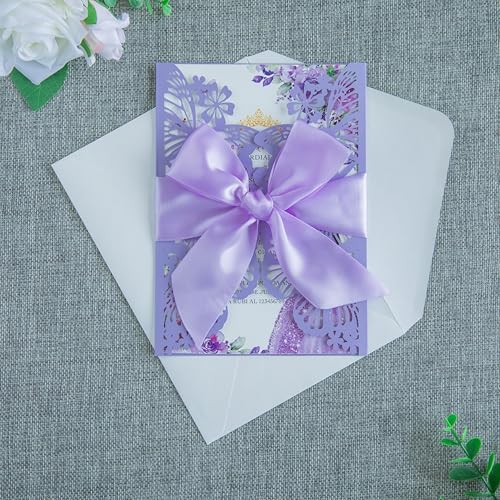 20 PCS 5.12x7.2 Butterfly Personalized Quinceanera Invitation, Customized XV Anos Laser Cut Invitation Cards with Envelopes (Violet Personalized) - Image 6