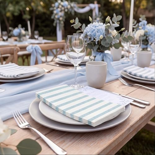 100 Pack Striped Linen-feel Napkins Bulk Striped, Blue - Image 6