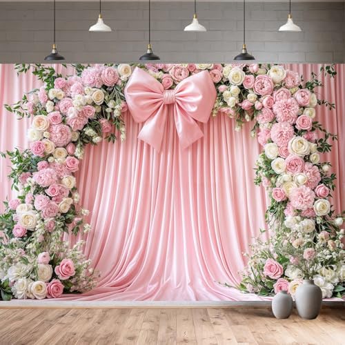 8x6ft Pink Bow Flowers Backdrop Floral Coquette Flowers Photography Background for Girls Women Birthday Party Baby Shower Decorations Wedding Bridal Backdrops Banner Photo Booth Props - Image 4