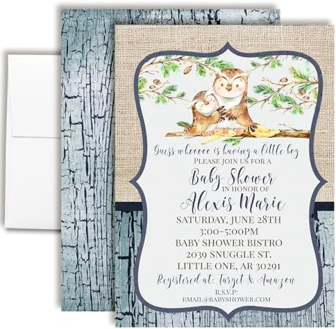 Amanda Creation Blue Watercolor Owl Baby Shower Invitations for Boys, Baby Shower Invitations with Owls, 20 Personalized 5x7 Double-Sided Cards with White Envelopes, Made in USA by AmandaCreation