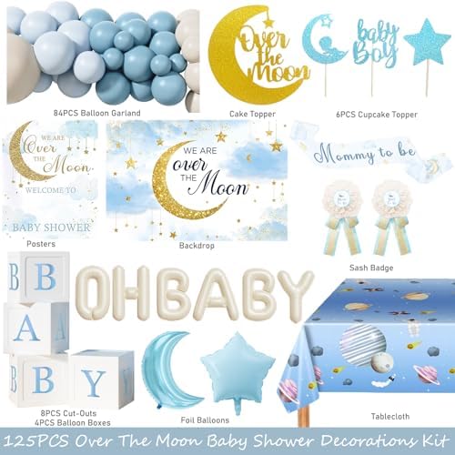 Costova Over the Moon Baby Shower Decorations – 125 PCs Moon and Star Themed Party Supplies with Balloon Garland, Cake Topper, Backdrop, Tablecloth, Moon & Star Foil Balloon, Sash, Badge - Image 2