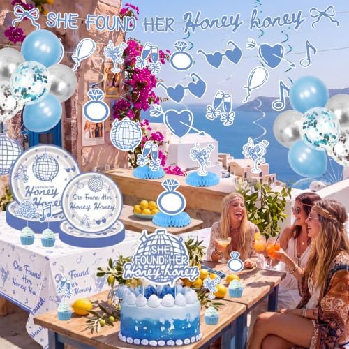 135 Pcs She Found Her Honey Honey Bachelorette Party Supplies, Blue Disco Dancing Queen Theme Party Decorations Set with Tablecloth Balloons Plates Napkins Banner Cake Toppers - Image 3