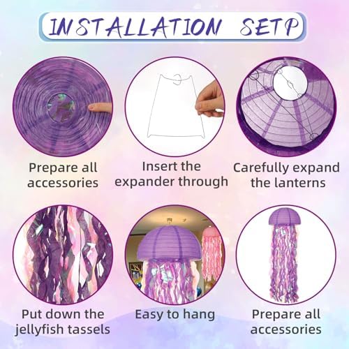 12 Pcs Hanging Jellyfish Paper Lanterns, Jelly Fish Decoration for Under the Sea Party Decorations, Iridescent Streamer Tentacles Mermaid Decor for Ocean, Mermaid Party Decor, Baby Shower - Image 3