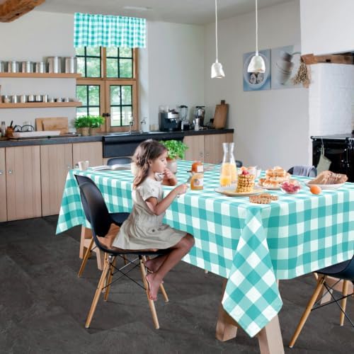 Hiasan Checkered Tablecloth Rectangle 70 x 140 Inch, Aqua and White - Image 5