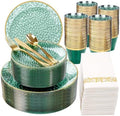 Rubtlamp 350 Pcs Green Plastic Dinnerware Set, Green and Gold Plastic Plates, Hammered Party Plates Include Dinner Platos, Dessert Platos, Cups, Gold Cutlery Set And Napkins for Party by Rubtlamp