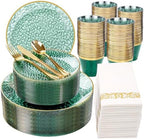 Rubtlamp 350 Pcs Green Plastic Dinnerware Set, Green and Gold Plastic Plates, Hammered Party Plates Include Dinner Platos, Dessert Platos, Cups, Gold Cutlery Set And Napkins for Party by Rubtlamp