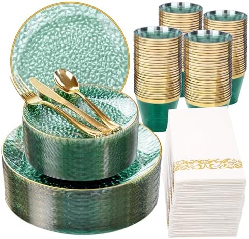 Rubtlamp 350 Pcs Green Plastic Dinnerware Set, Green and Gold Plastic Plates, Hammered Party Plates Include Dinner Platos, Dessert Platos, Cups, Gold Cutlery Set And Napkins for Party by Rubtlamp