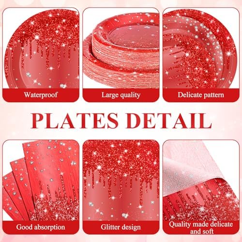 452 Pcs Red Birthday Party Decoration for 50 Guest, Red Diamond Glitter Paper Plates Napkins Cups Tablecloth Cutlery Straws Tableware for Birthday Wedding Baby Shower Graduation Party Supply - Image 3