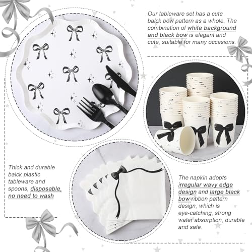 Ziliny 350 Pcs Bow Black Party Supplies Tableware Set Disposable 9'' 7'' Paper Plates 9 oz Cups Cutlery Napkins Dinnerware Set for 1st Birthday, Serve 50 (Bow, Black) - Image 3