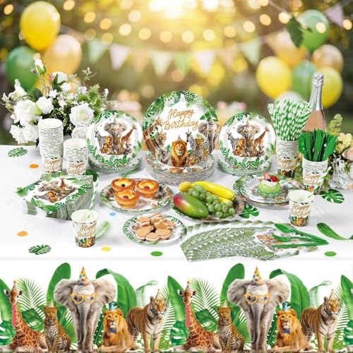 Ceenna 452 Pcs Safari Birthday Party Decorations for 50 Guests, Jungle Animals Paper Plates Napkins Cups Tablecloth Cutlery Straw Wild Animals Tableware for Zoo Theme Birthday Party Supplies - Image 4