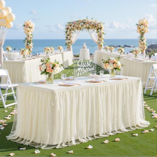 HB HBB MAGIC Ivory Table Cloth Spandex Table Covers 8ft Fitted Tulle Tablecloth Rectangular Desk Skirt Stretch Cream Table Cloths Covers Party Banquet Birthday Baby Shower Wedding Table Cloth, 2 Pack - Image 3