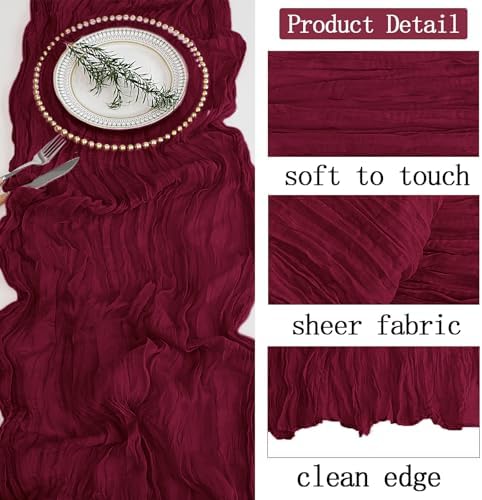 16 Pack Burgundy Cheesecloth Table Runner 20 x 120 inch Gauze Table Runners 10 FT Long,Semi Sheer Boho Cheese Cloth Fabric Table Runner Bulk for Party,Wedding,Baby Shower,Bridal Shower Decoration - Image 3