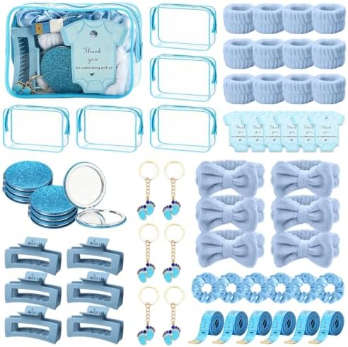 74PCS Baby Shower Prizes for Game Winners with Clear Makeup Bags Glitter Mirrors Belly Rulers Baby Feet Keychains Headbands Hair Claws for Baby Shower Games and Bridal Shower Favors (Blue, 6 Sets) by Rigibright