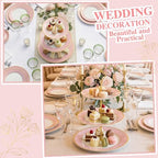 CHENGU 3 Tier Christmas Cupcake Stand Pink Ceramic with Gold Frame - Image 4