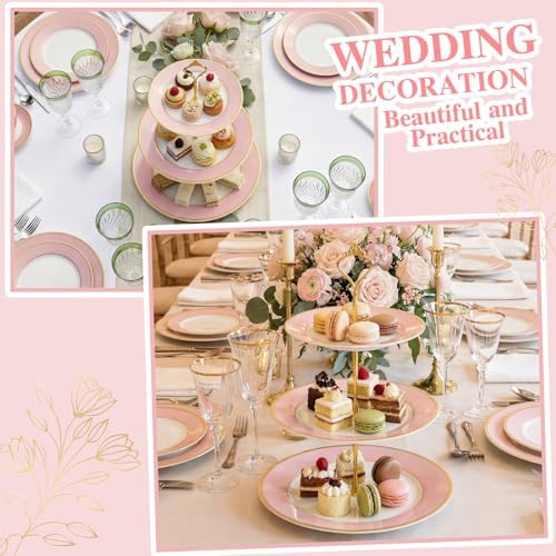 CHENGU 3 Tier Christmas Cupcake Stand Pink Ceramic with Gold Frame - Image 4