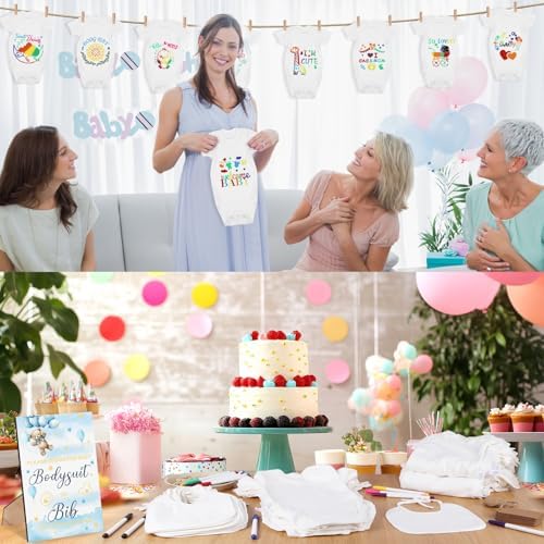 201 Pcs Baby Shower Set Baby Shower Game Sign Baby Bib Bodysuit White Baby Bib Newborn Bodysuit Baby Shower White Decorating Kit(New Blue Bear) - Image 5