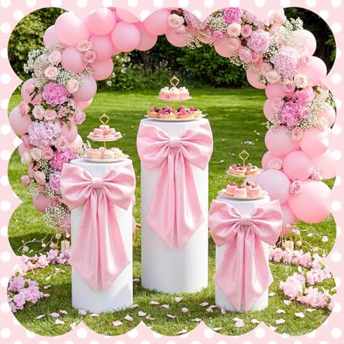 SmoothNovelty 3 Pcs Pink Bow Cylinder Pedestal Stand Covers Spandex Flexible Display Pedestal Covers Round Plinth Pillar Wrap for Birthday Party Wedding Baby Shower Decor - Image 2