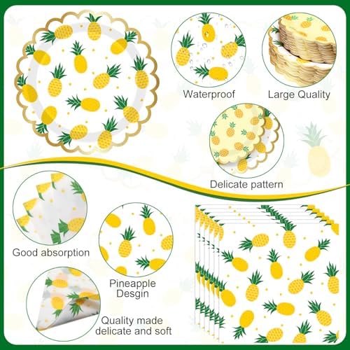 Ceenna 452 Pcs Tropical Pineapple Party Decoration for 50, Pineapple Paper Plates Napkins Cups Tablecloth Luau Hawaiian Disposable Tableware Set for Summer Birthday Baby Shower Wedding Party Supplies - Image 3