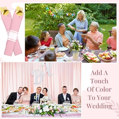 Lasnten 50 Guest Sets Pre Rolled Gold Plastic Silverware with Pink Napkins - Image 5