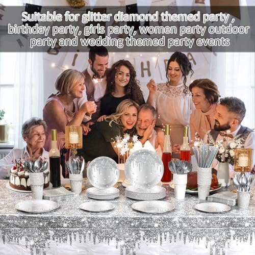 Funnymoom 452 Pcs Silver Birthday Party Decorations Include Diamonds Silver Glitter Paper Plates and Napkins Cups Tablecloth Cutlery Straws Disposable Tableware Set for Birthday Supplies - Image 4
