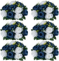 NUPTIO Artificial Flower Centrepieces for Tables - 6 Pcs Navy Blue & White Fake Flowers Roses Balls 9.5in Diameter - Silk Faux Rose Arrangement for Wedding Party Centerpiece Table Decorations by Nuptio