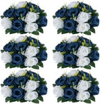 NUPTIO Artificial Flower Centrepieces for Tables - 6 Pcs Navy Blue & White Fake Flowers Roses Balls 9.5in Diameter - Silk Faux Rose Arrangement for Wedding Party Centerpiece Table Decorations by Nuptio