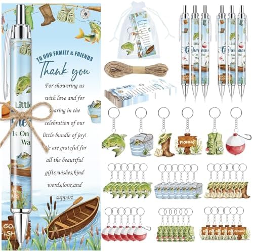 145 Pieces Fishing Baby Shower Favors for Guest A Little Fisherman Is On The Way Ballpoint Pens and Keychains Gifts Bulk Retractable Baby Shower Pens Gender Reveal Greeting Cards Souvenirs Prizes by EYNDYN