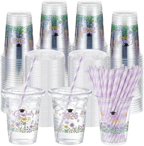 Sliner 50 Sets 16 oz Purple Graduation Plastic Cups for Hot Cold Drinks by Sliner