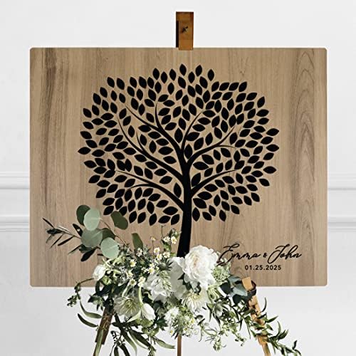 Andaz Press Large Wooden Welcome Sign for Wedding, Rustic Welcome Sign 16" x 20" Custom Names & Date Tree Leaves Thumbprint Wedding Signage English Oak MDF Wood Finish Reception Indoor Outdoor Signs - Image 3