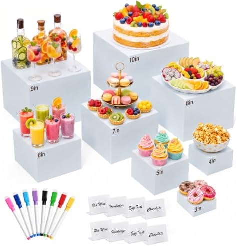 8 Pcs White Buffet Risers with Mini Sign and Marker, Food Risers Display Stands for Buffet Table Party Catering Dessert Jewelry Collectibles,Cube Nesting Boxes with Hollow Bottoms 8 Sizes (10" 9" 8" 7" 6" 5" 4" 3") by URLINE