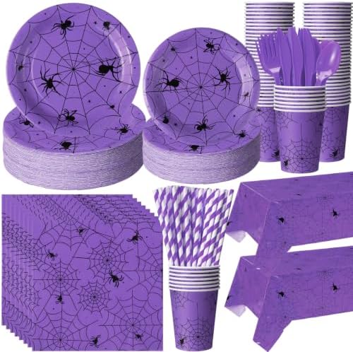 Funnymoom 452 Pcs Halloween Spiderweb Supplies Tableware for 50 Guests, Purple Spider Web Paper Plates Napkins Cups Tablecloth Cutlery Straws for Spiderweb Halloween Birthday Party Decoration by Funnymoom