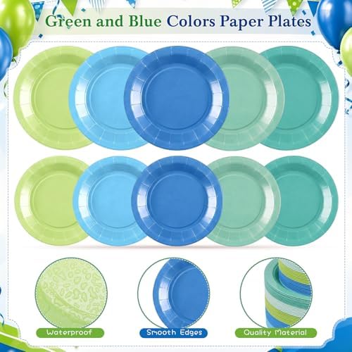 Mimorou 350 Pcs Green and Teal Plates Cups Napkins Utensils Blue - Image 4
