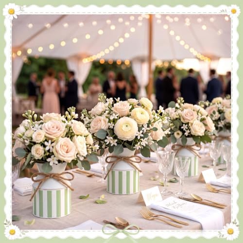 Domensi 6 Pcs Farmhouse Metal Flower Vase, Green Striped Table Centerpiece - Image 6