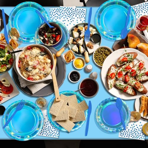 Iridescent Blue Party Supplies Decorations Serve 50, Holographic Blue Paper Plates and Napkins, Disposable Iridescent Party Plates Cups Napkins for Wedding Anniversary Birthday Bridal Shower Party - Image 6