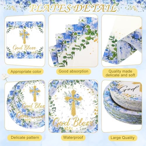 LemonRoad 452 Pcs God Bless Baptism Party Decoration Boy for 50, Baptism Confirmation Paper Plate Napkin Cup Tablecloth Cutlery Straw Tableware for Christening Baby Shower Party Supply - Image 2